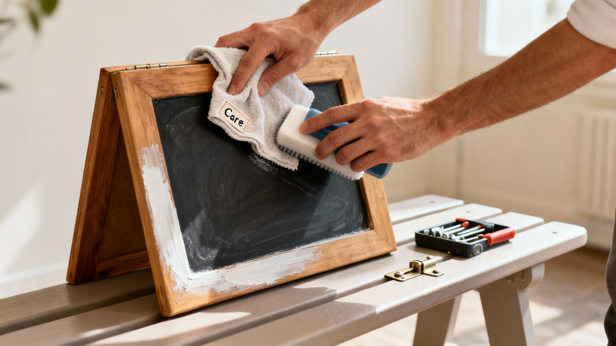 Person cleaning and painting a wooden sandwich board sign with a brush and cloth.