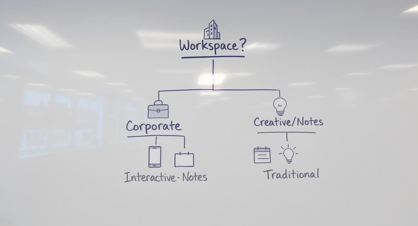 A whiteboard diagram exploring workspace types: Corporate (interactive) and Creative/Notes (traditional).