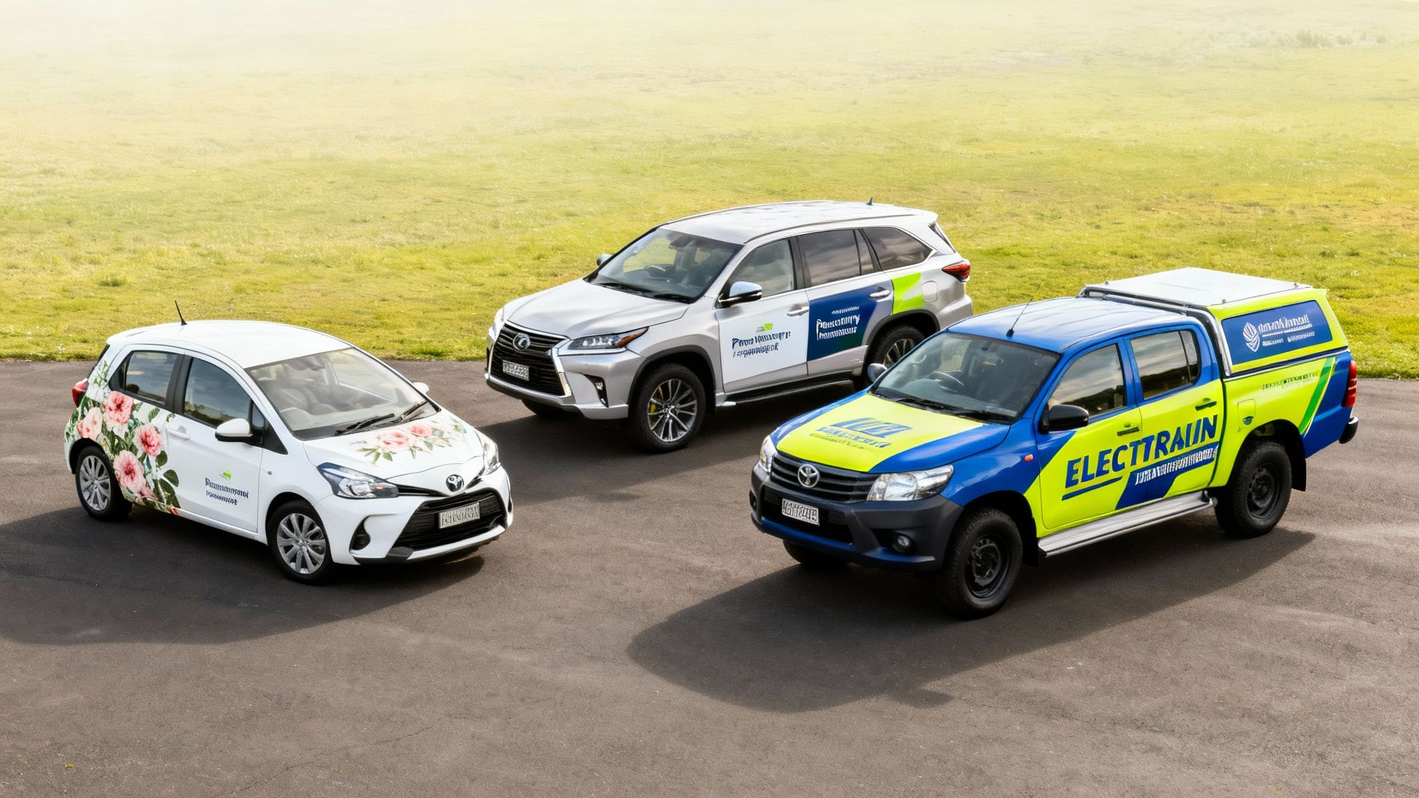 Three diverse vehicles, each with a unique custom wrap, parked on asphalt.