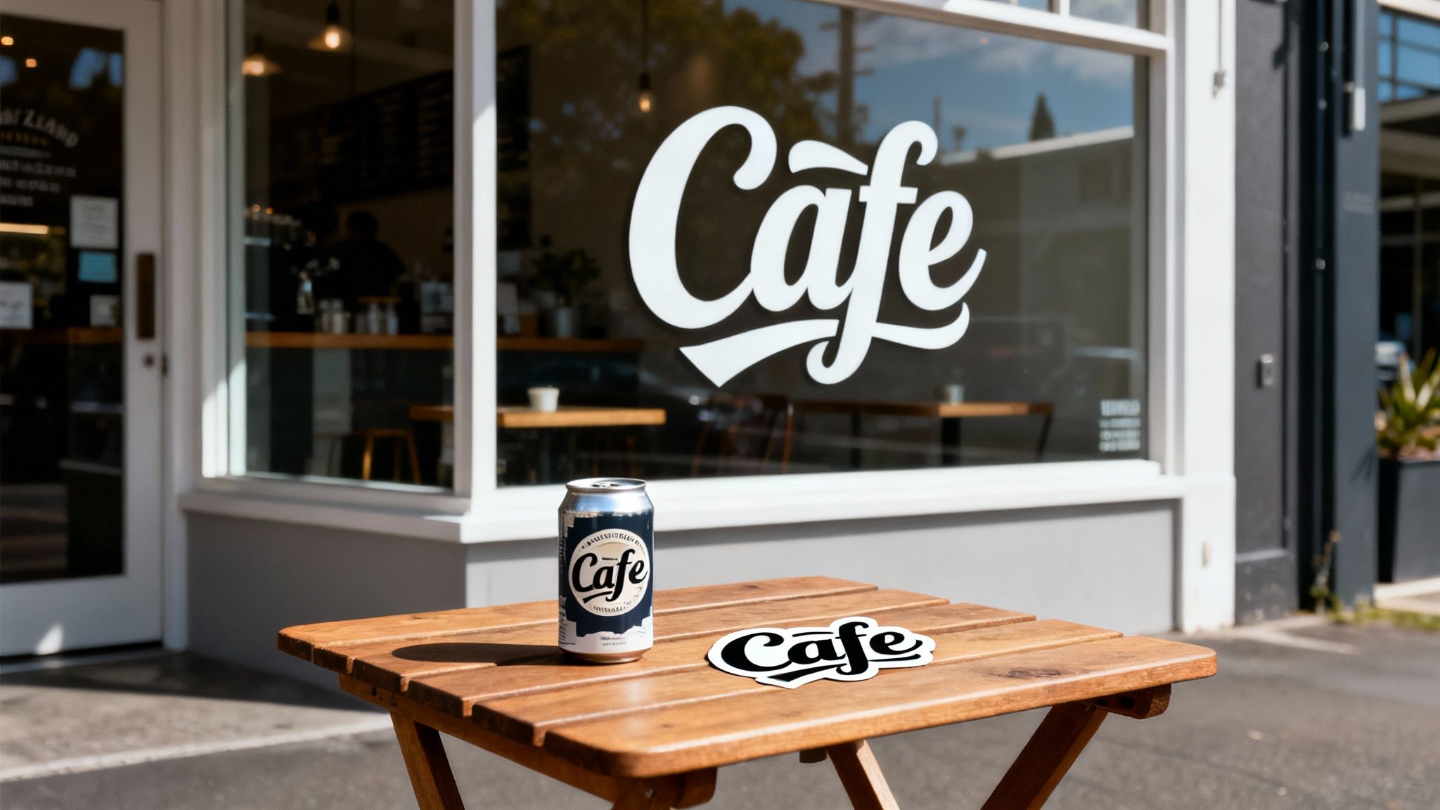A refreshing drink can and a 'Cafe' sticker sit on a wooden table outside a modern cafe.