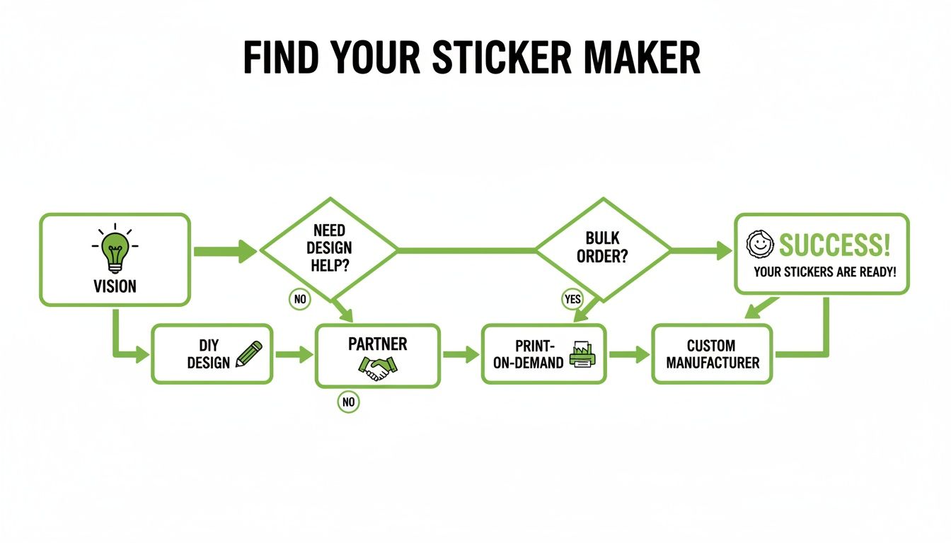A green flowchart titled "Find Your Sticker Maker" illustrating the process from idea to finished stickers.