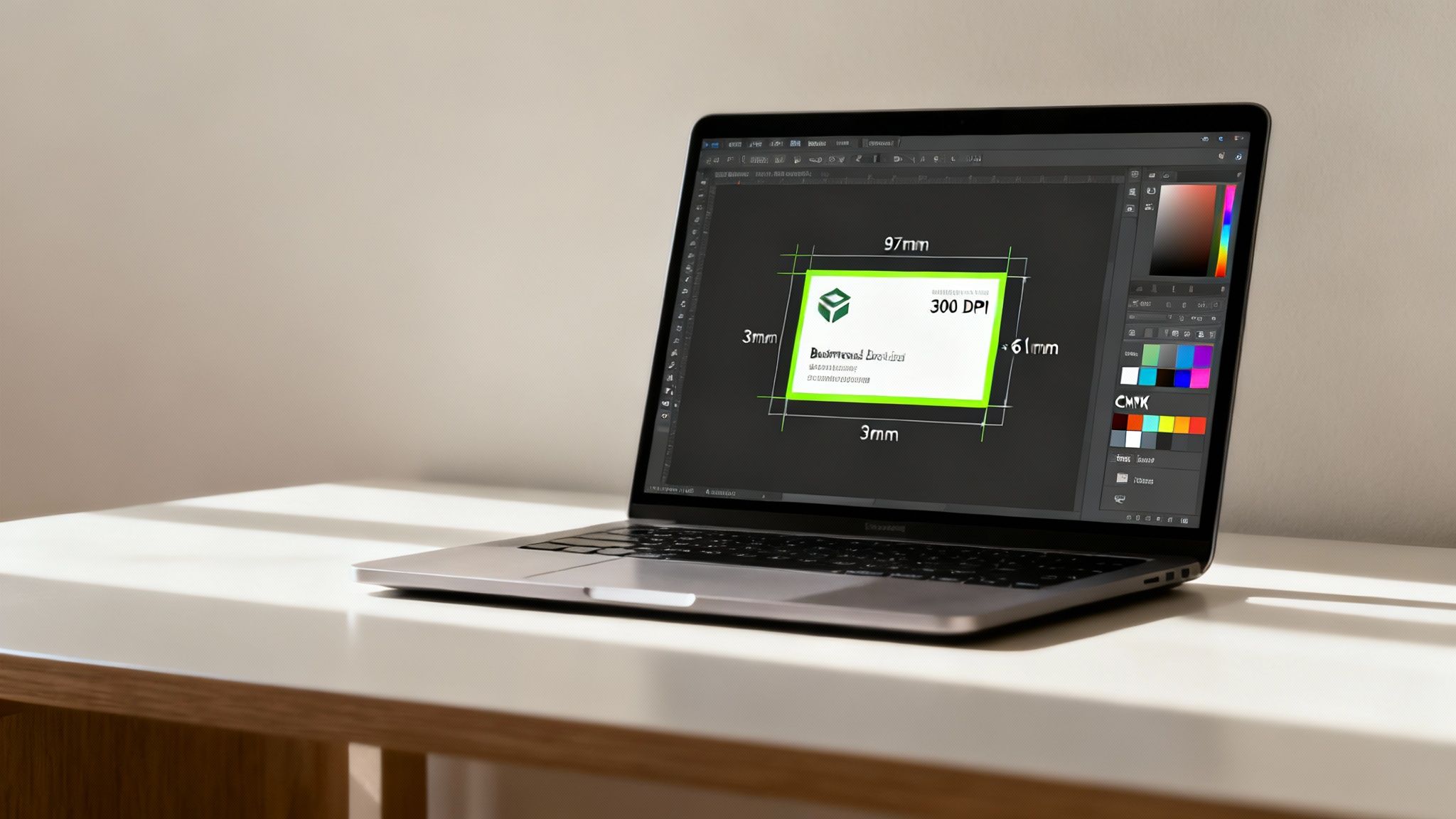 A person holding a stack of freshly printed business cards, with a design program visible on a computer screen in the background.