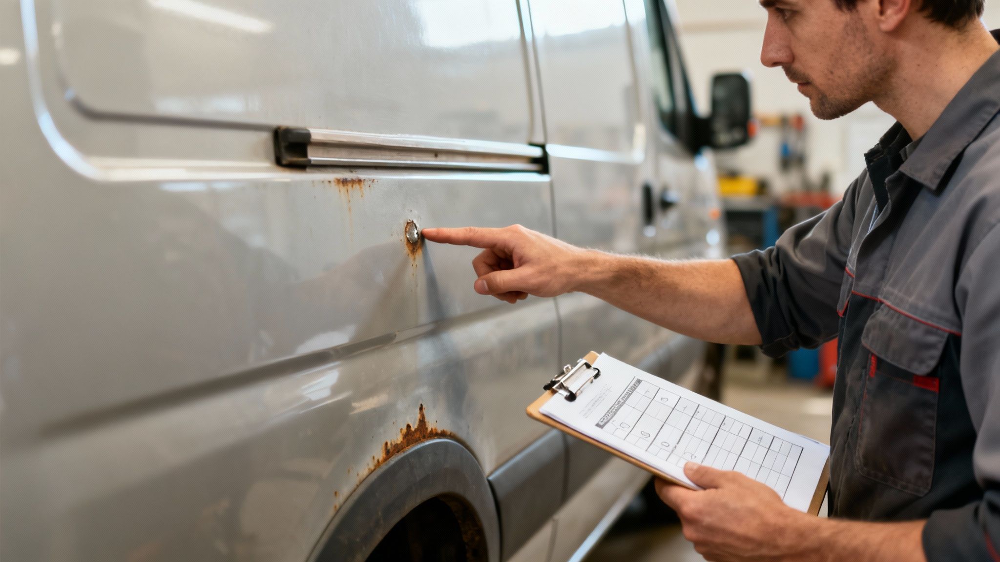 A mechanic points at extensive rust on a white commercial van's side, holding a repair checklist.
