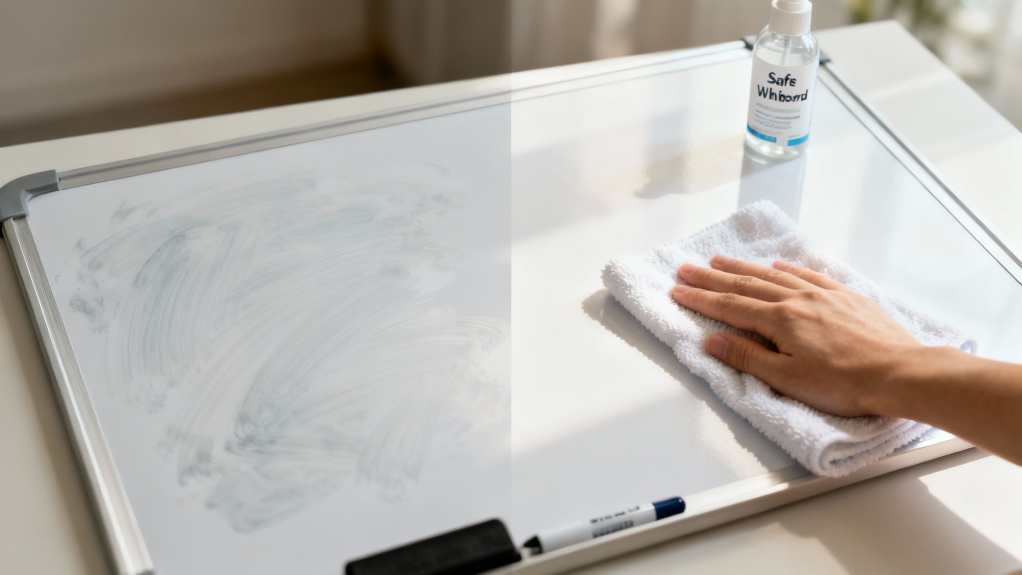 Someone cleaning a magnetic whiteboard with a cloth