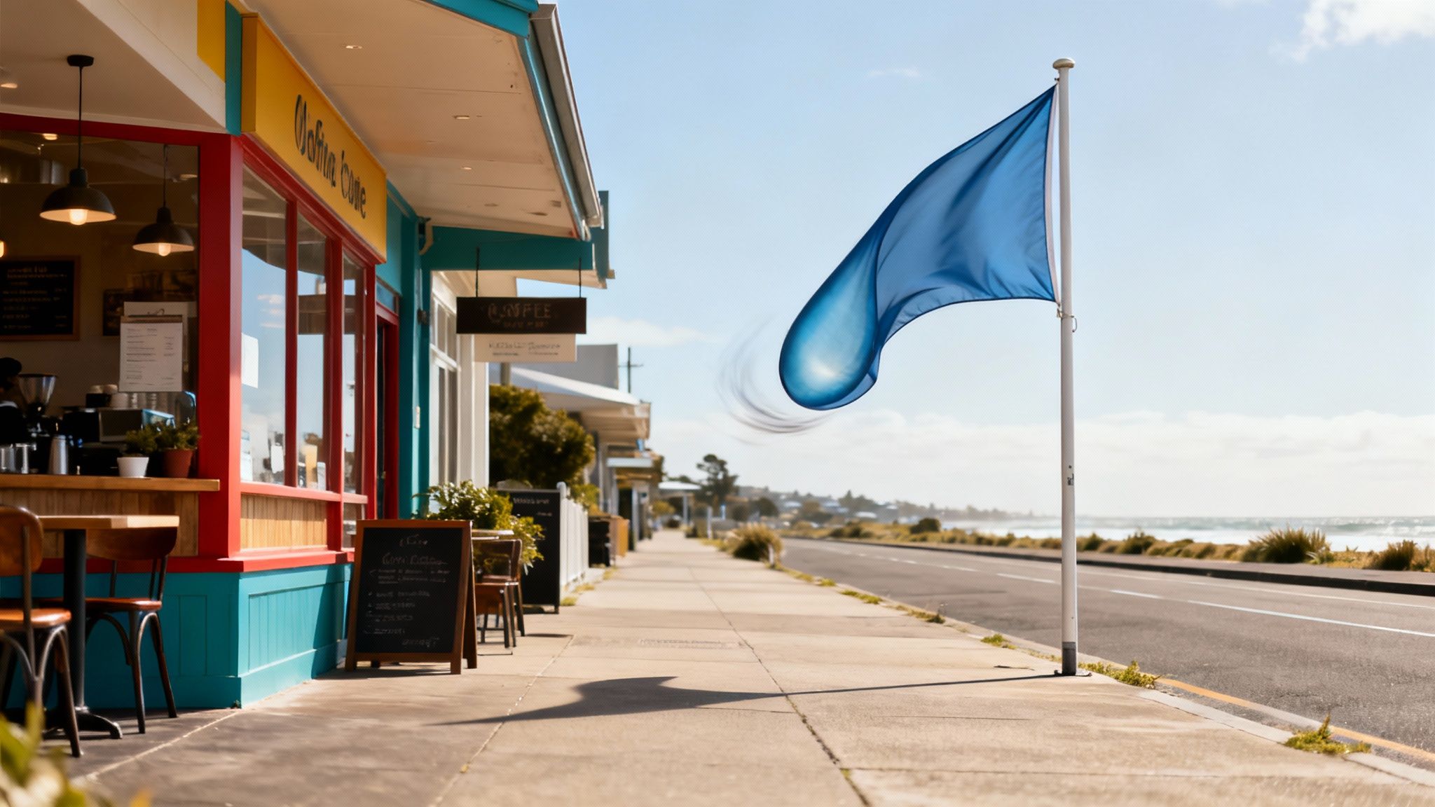 A line of colourful tear drop flags set up outdoors for an event.