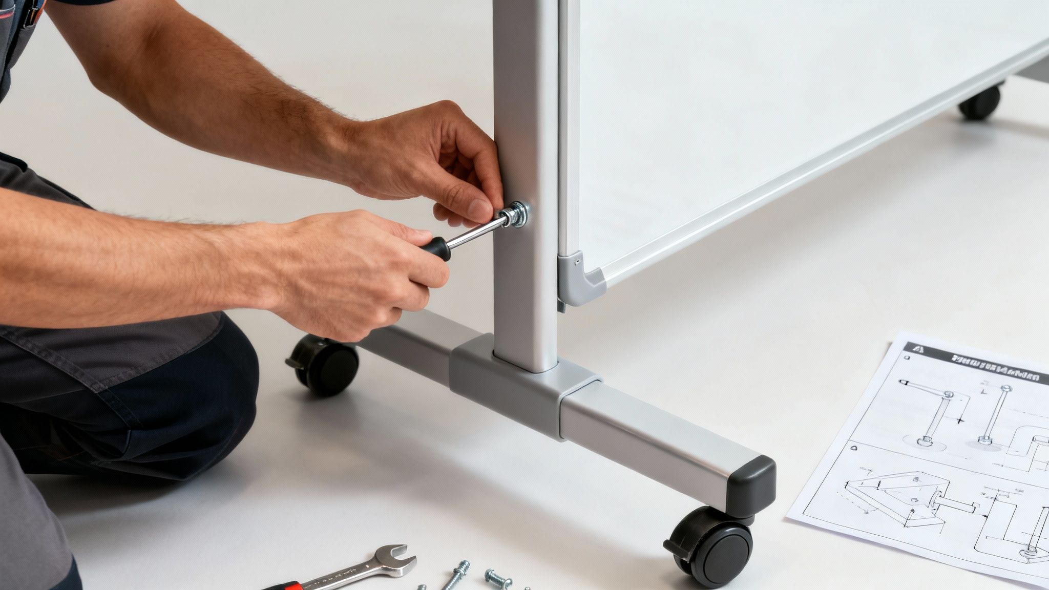 A person is assembling a whiteboard stand using a screwdriver, with tools and instructions nearby.