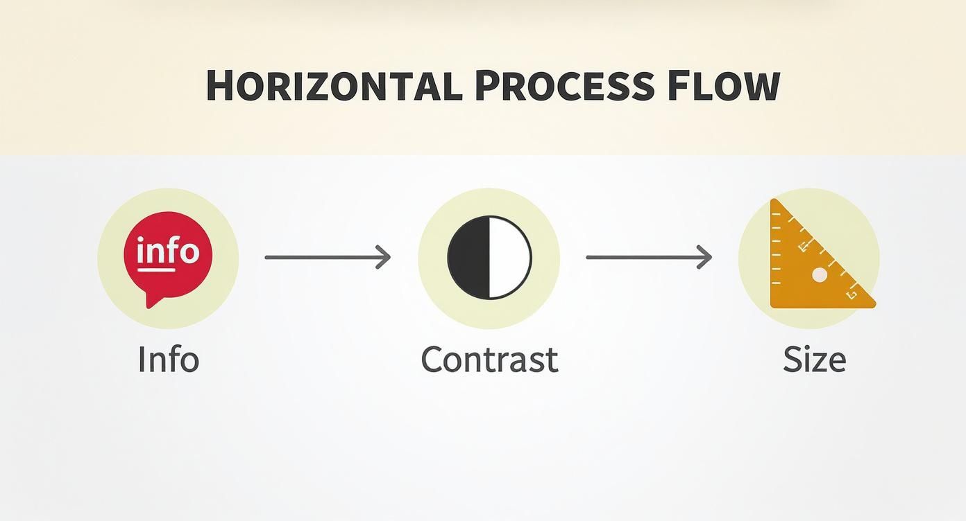 Horizontal process flow diagram showing three stages: info, contrast, and size with connecting arrows