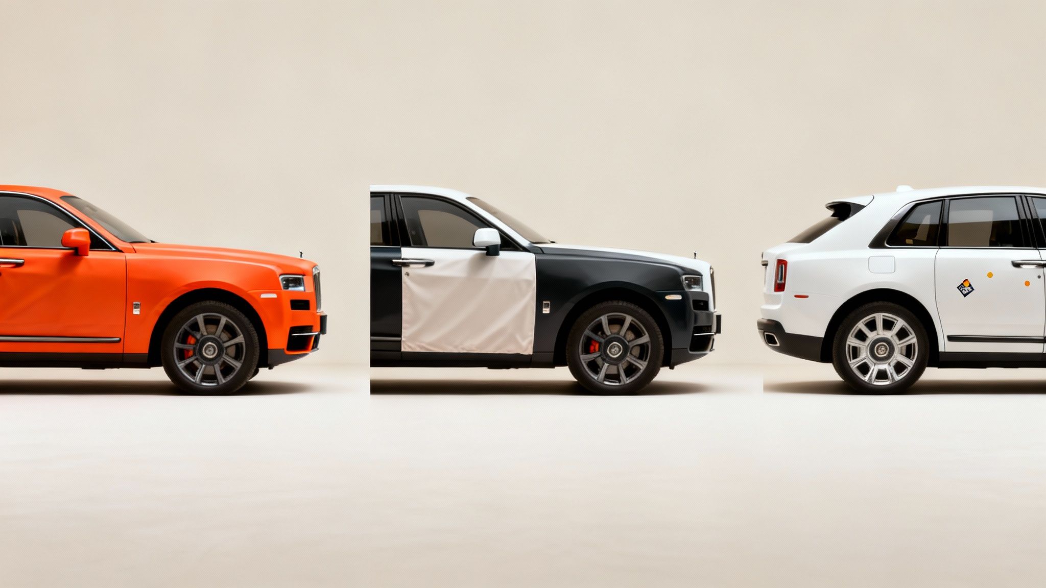Three luxury Rolls-Royce Cullinan SUVs in orange, two-tone, and white on a light background.