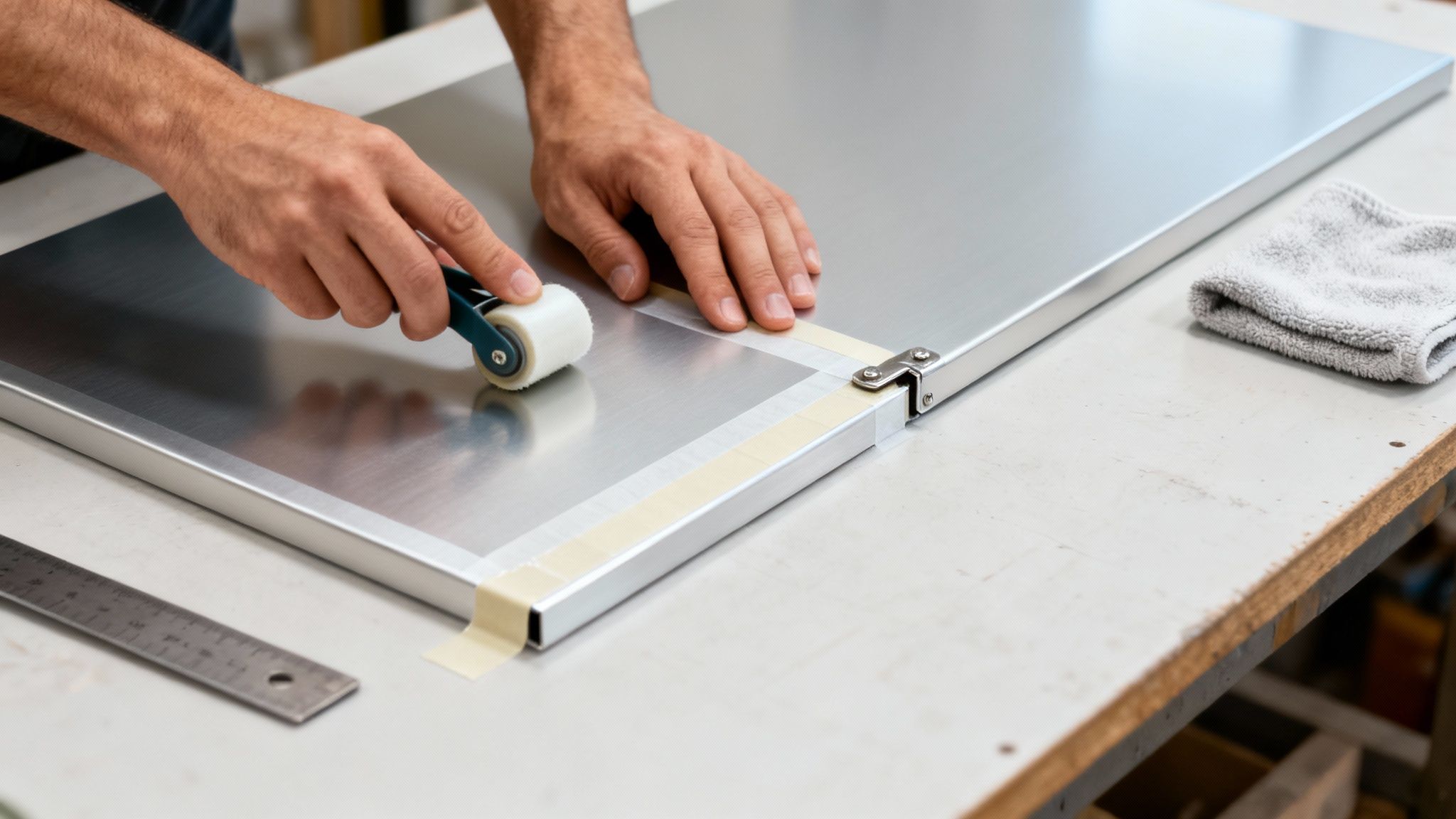Person using roller tool to apply double sided tape on aluminum frame