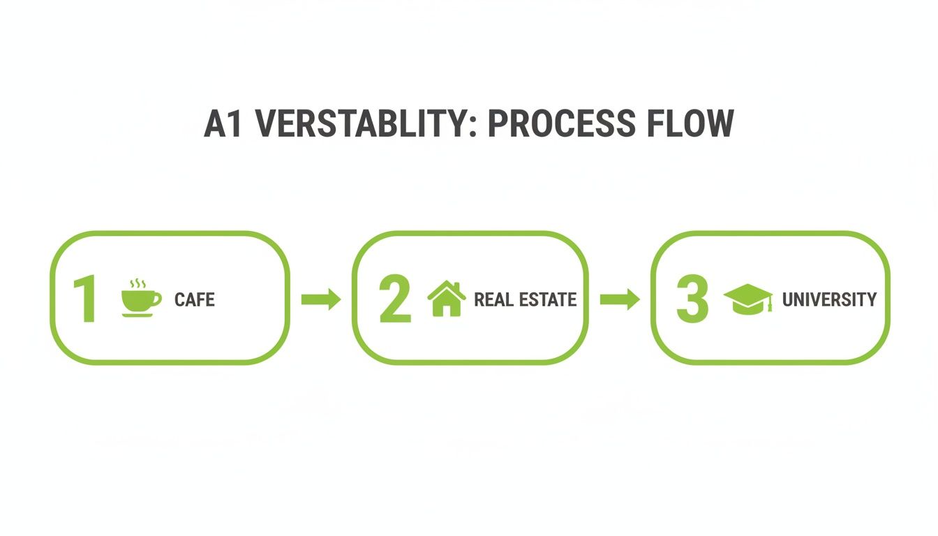 A process flow diagram illustrating a three-step journey from Cafe to Real Estate to University.