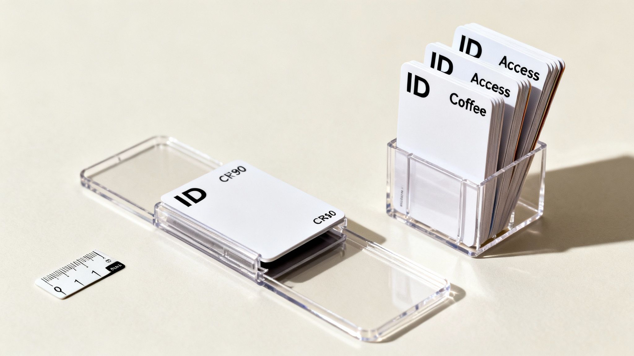 White ID cards, some labeled 'Access' and 'Coffee', displayed in clear plastic holders with a small ruler.