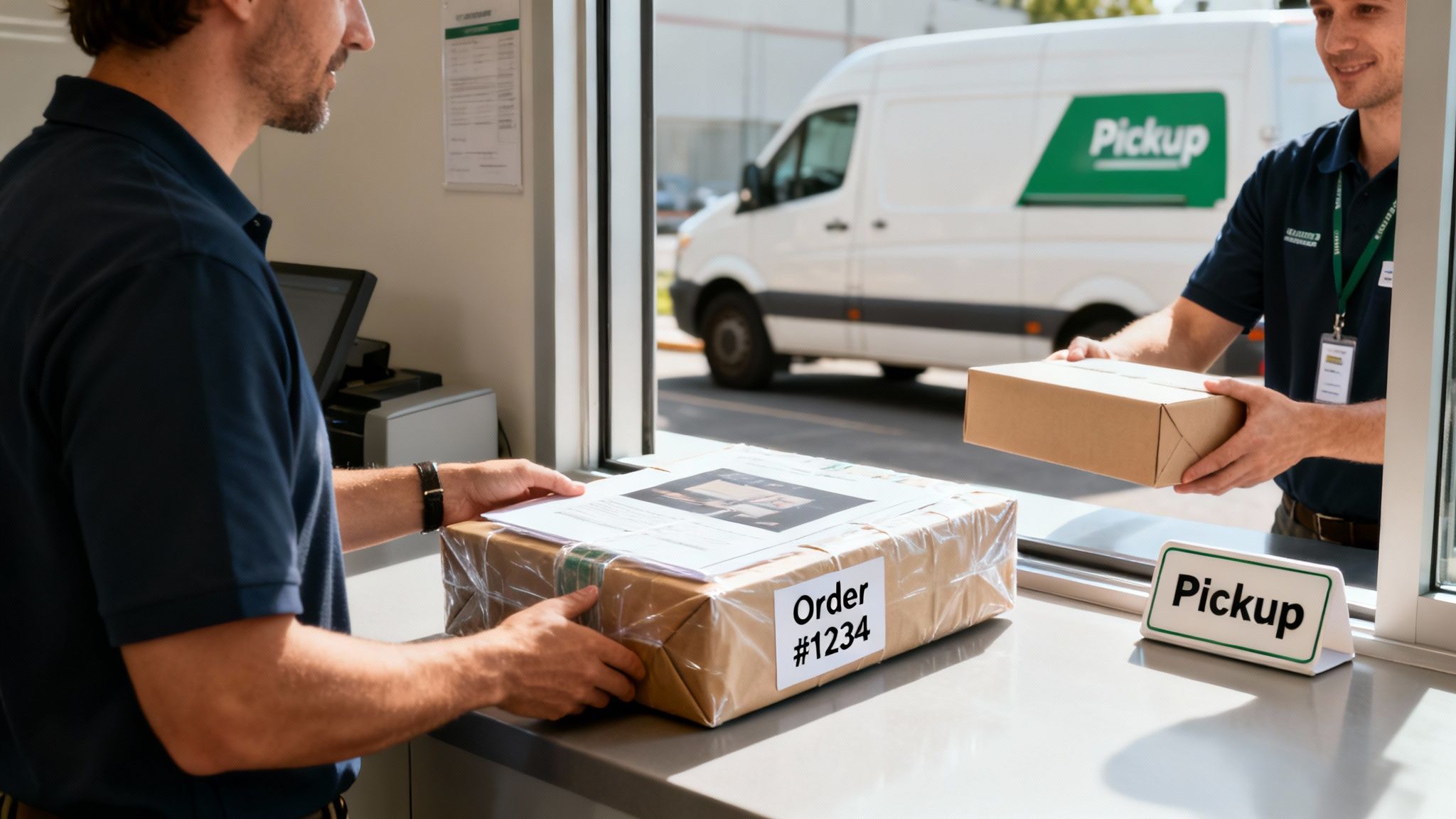 Two men exchange packages at a pickup counter, with a delivery van visible outside.