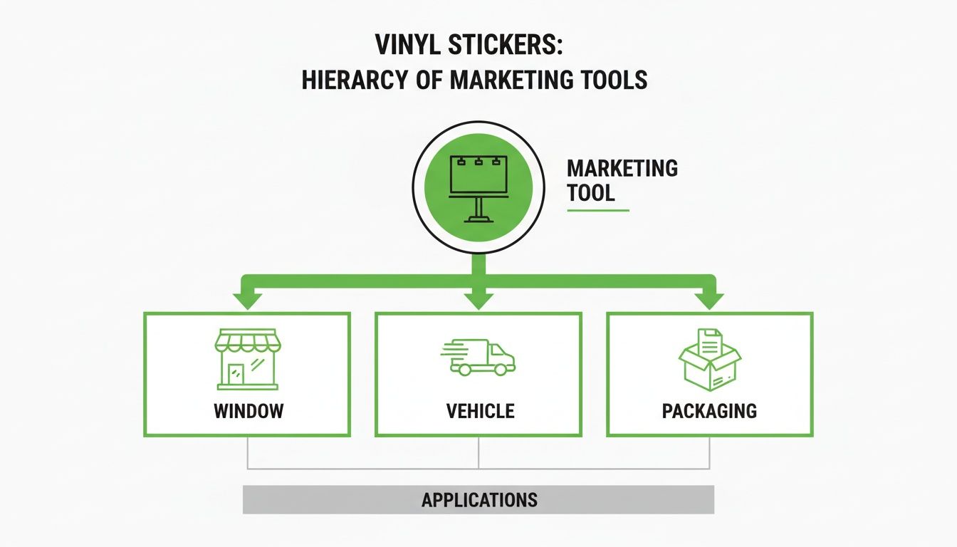 Hierarchy of marketing tools for vinyl stickers, showing applications on windows, vehicles, and packaging.
