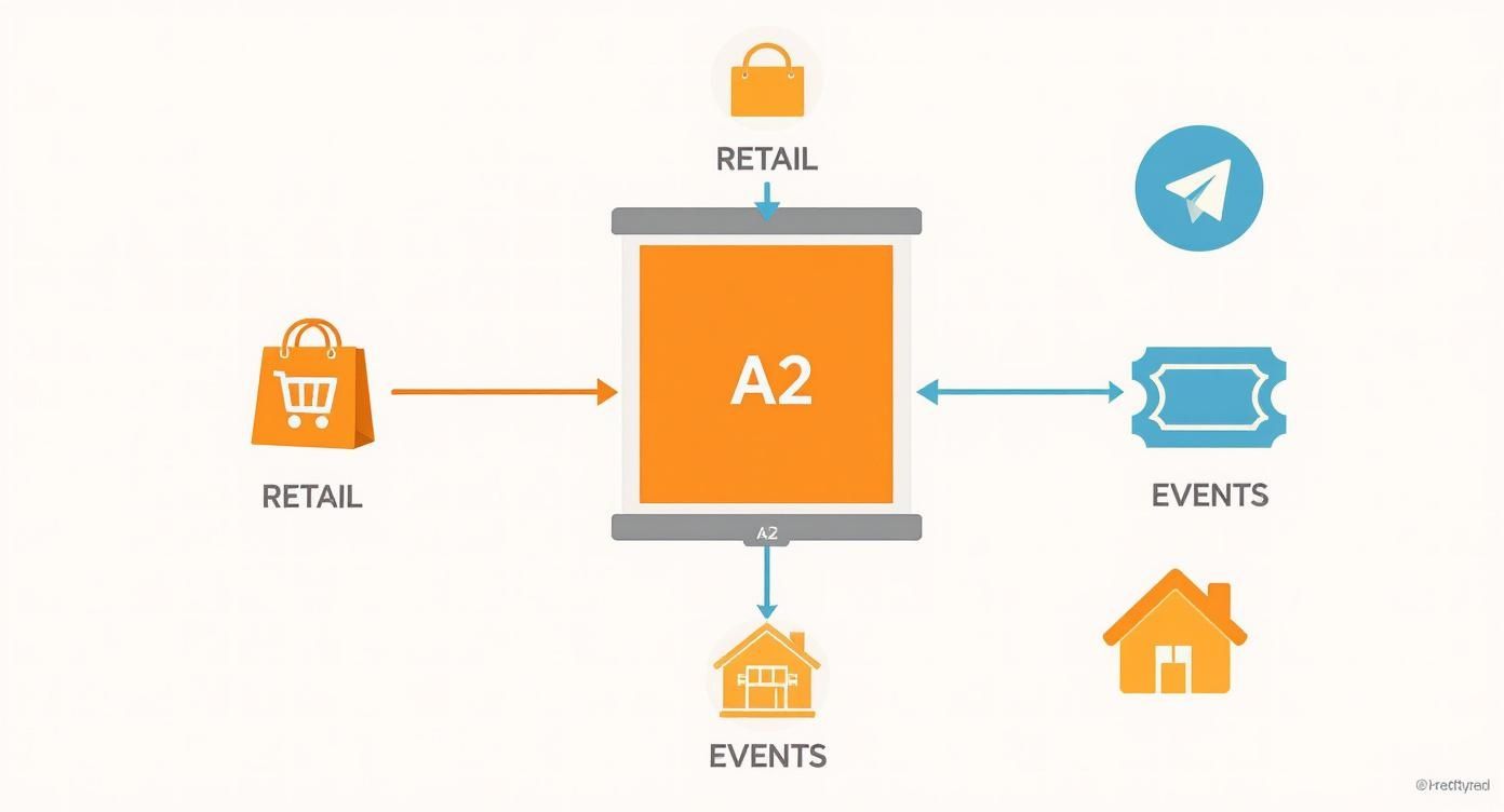 Diagram illustrating information flow for retail and events interacting with an A2 system.
