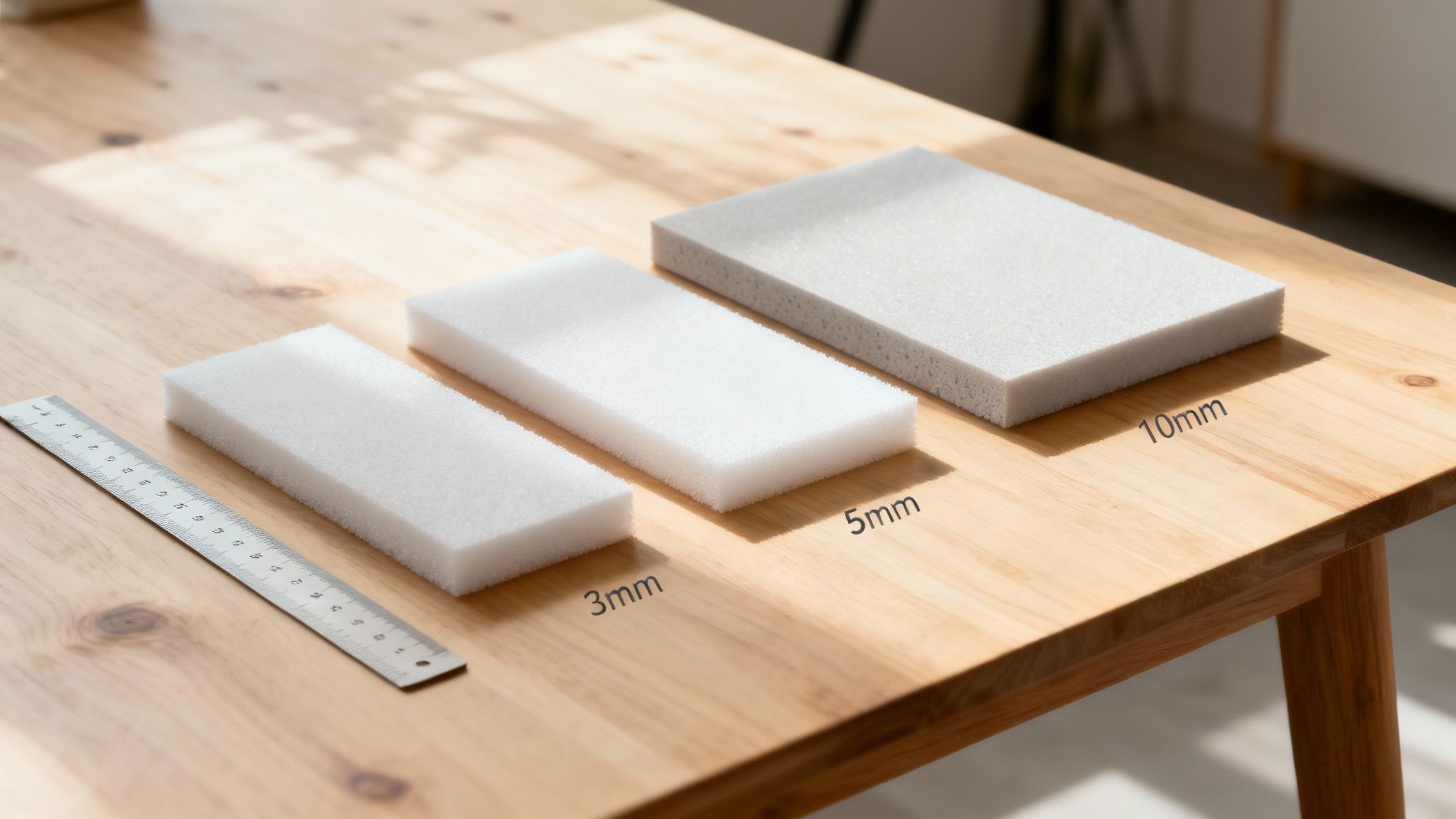 Three white foam core boards of different thicknesses labeled 3mm, 5mm, and 10mm on wooden table