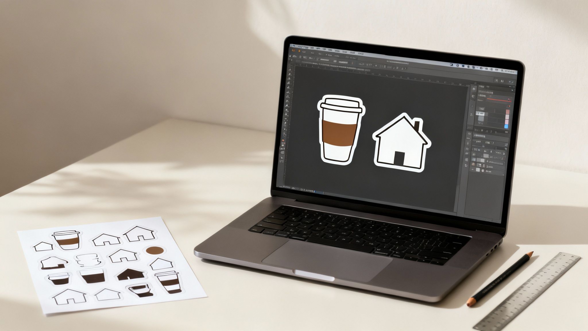 A laptop displays digital designs of coffee cups and houses, alongside printed custom stickers on a desk.