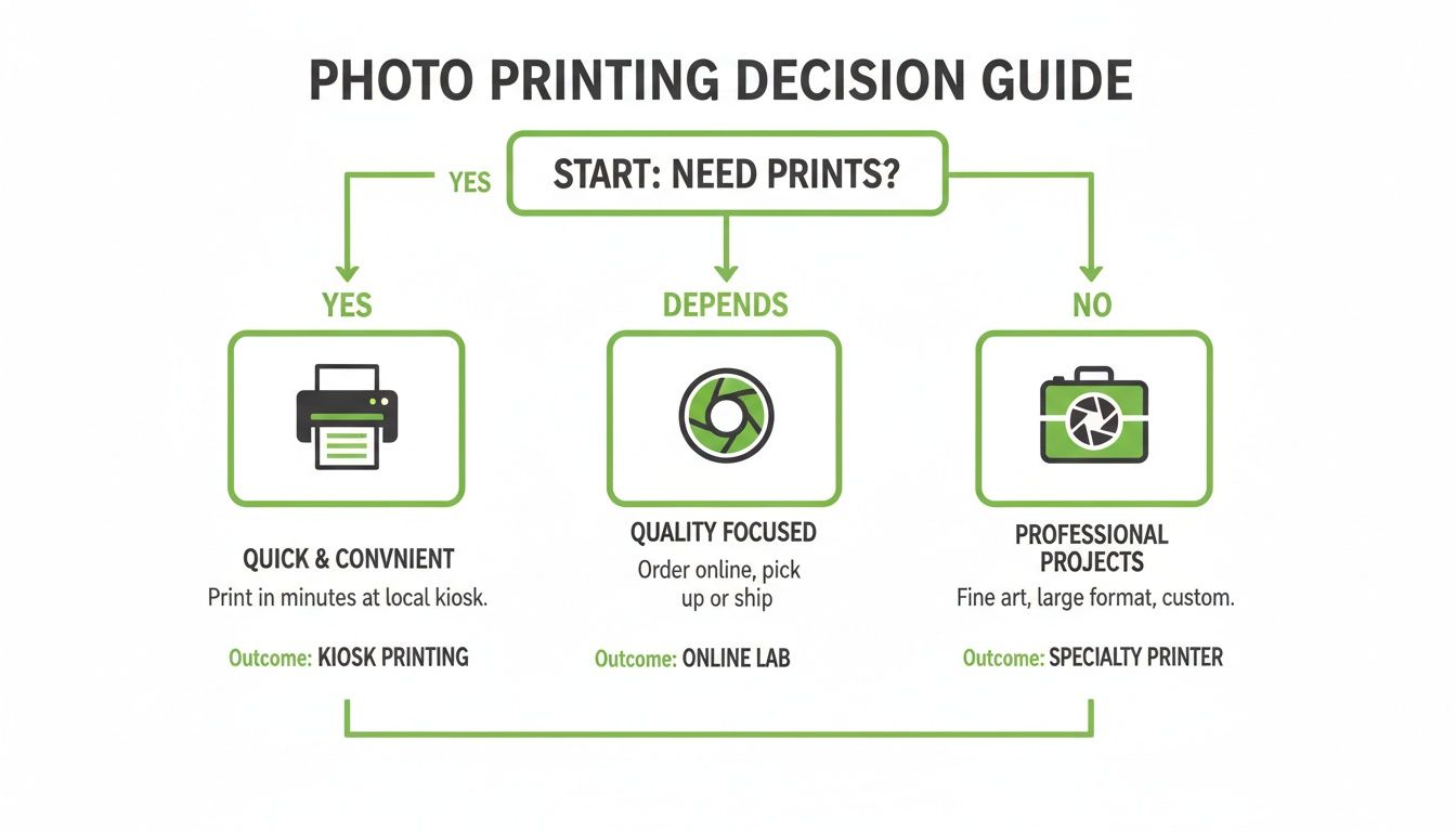 A photo printing decision guide flowchart explaining where to print photos based on needs.