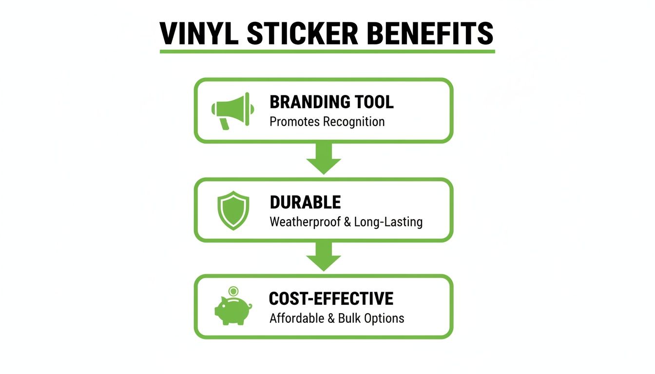 Infographic showing vinyl sticker benefits: branding, durability, and cost-effectiveness with icons.