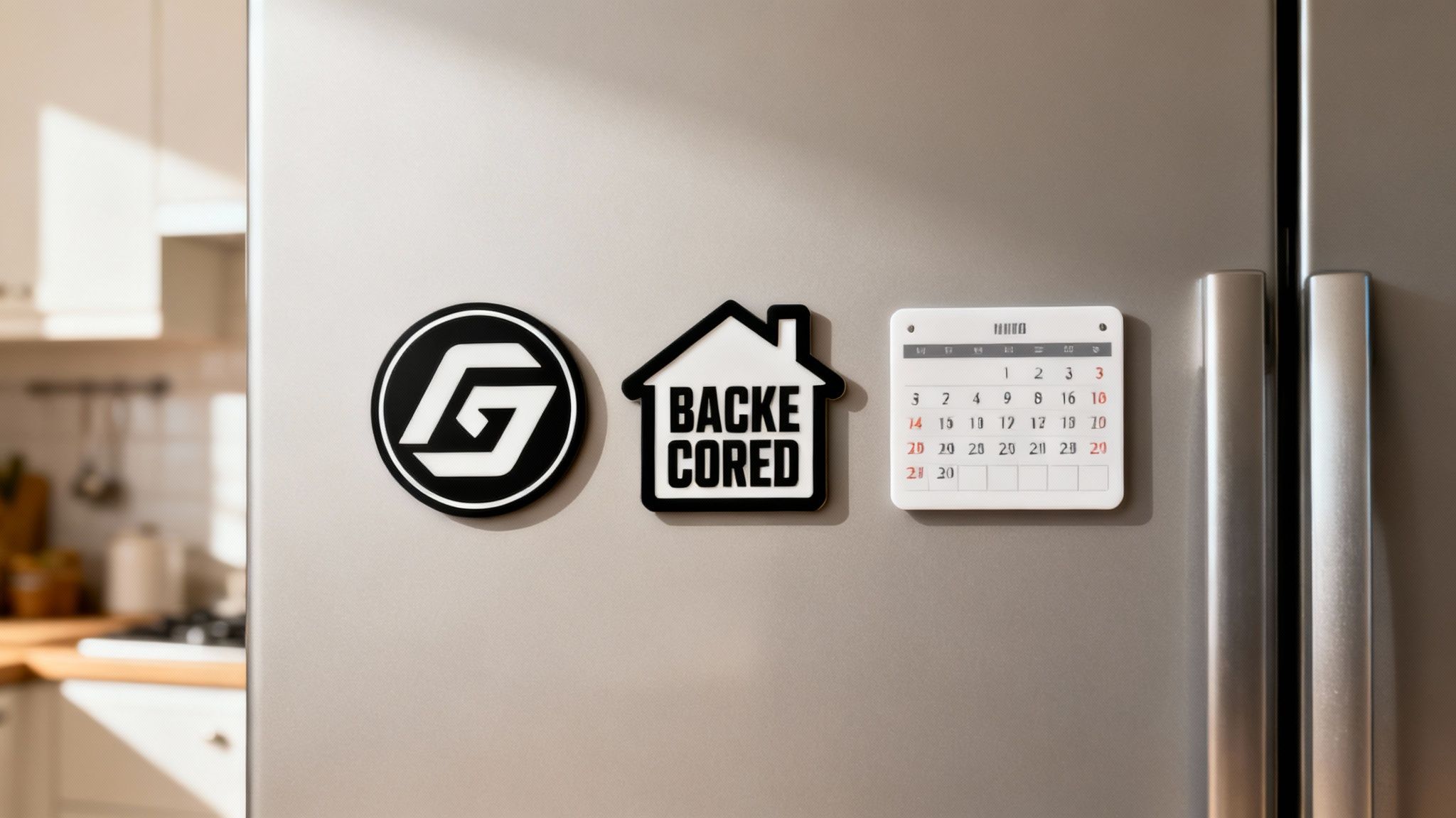 A person's hand arranging several creatively designed, custom-shaped fridge magnets on a modern refrigerator door.