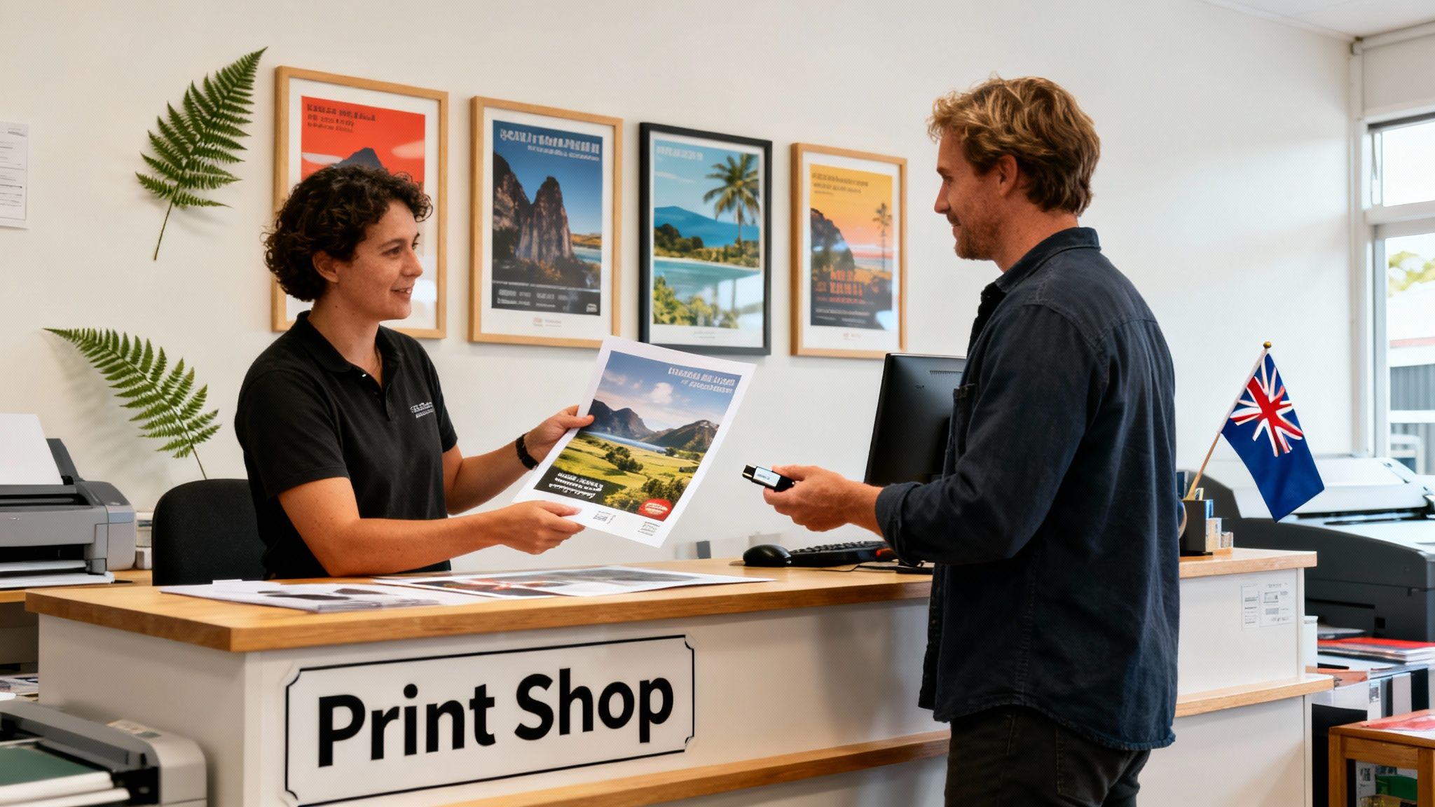 A print shop employee hands a flyer to a customer holding a USB drive.
