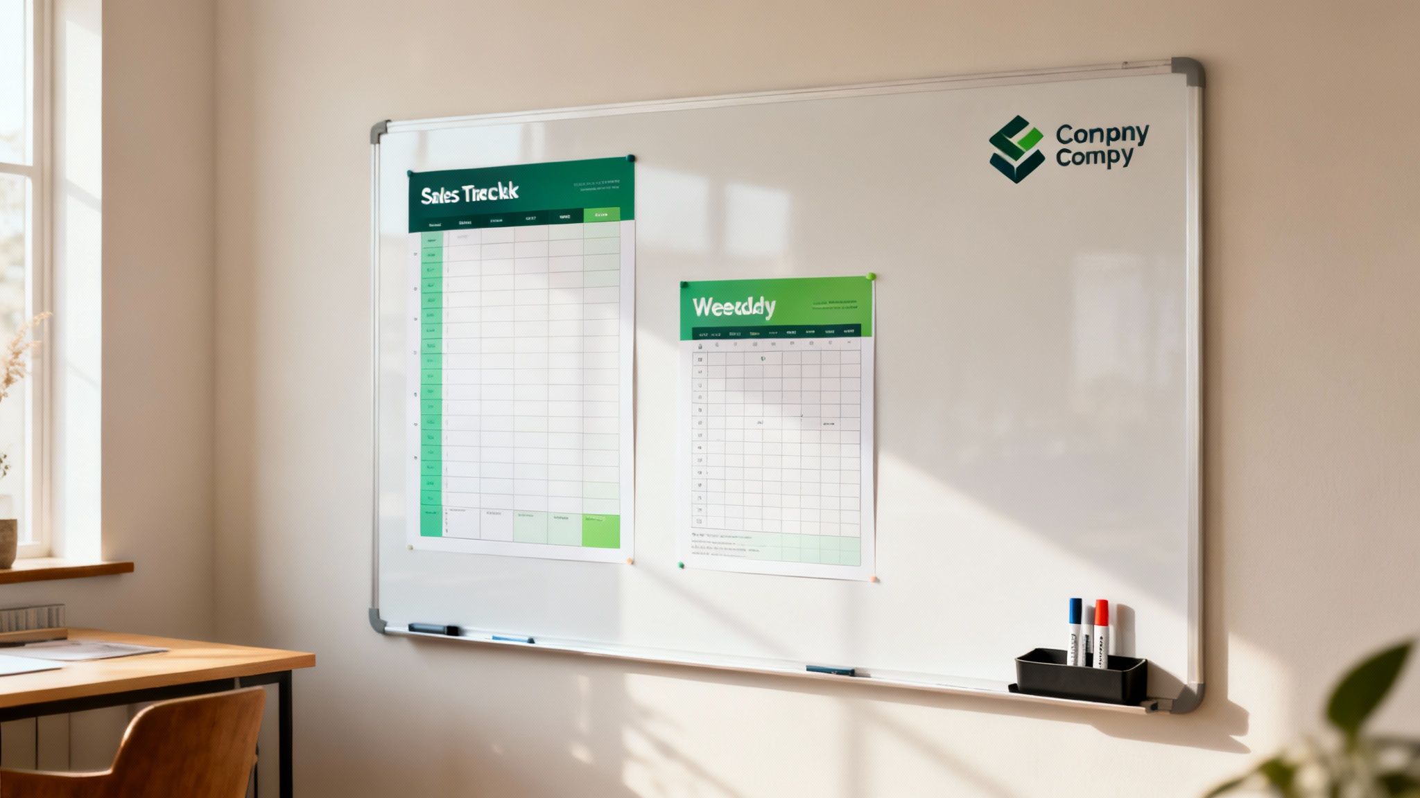 A large white dry-erase board with sales tracker, weekly calendar, and markers, in a sunlit office.