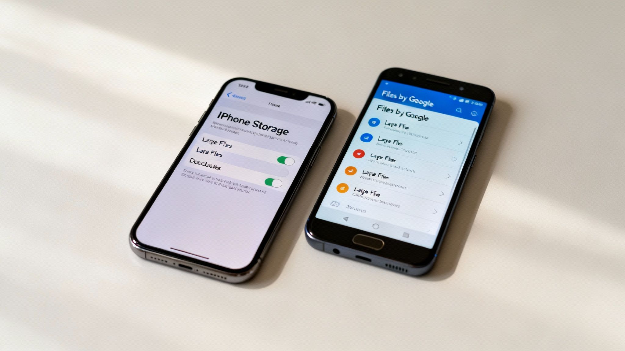 Two smartphones side-by-side, one showing iPhone Storage and the other Files by Google for storage management.