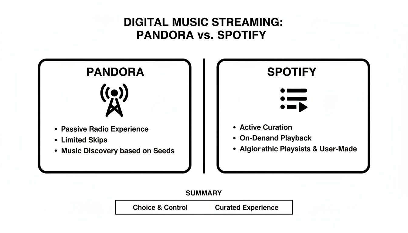 Infographic comparing Pandora and Spotify digital music streaming features and user experience.