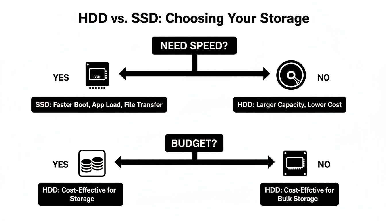 Flowchart comparing HDD vs. SSD storage, guiding choice based on speed needs and budget considerations.