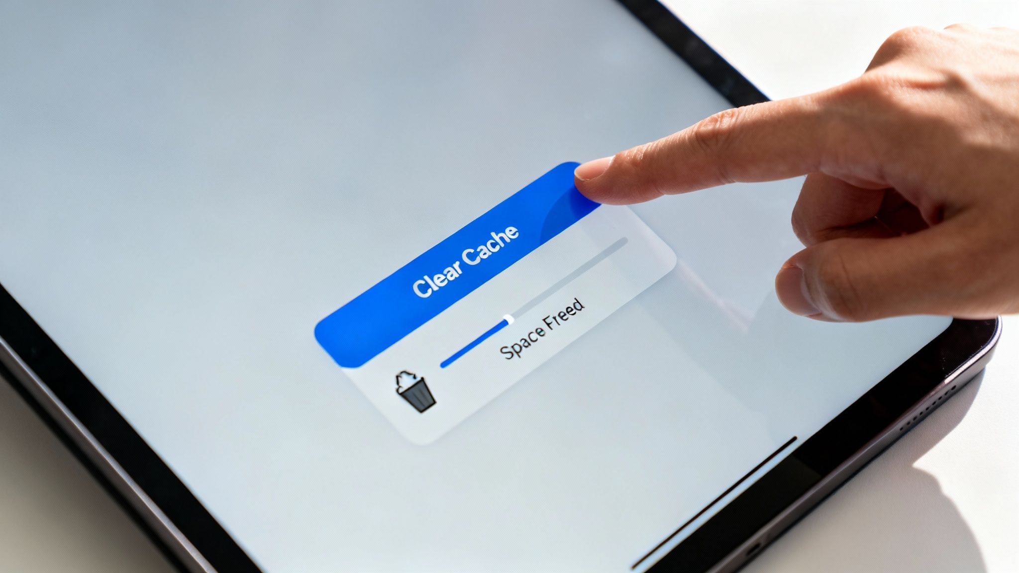 A person's finger taps a 'Clear Cache' button on a tablet screen, showing 'Space Freed'.