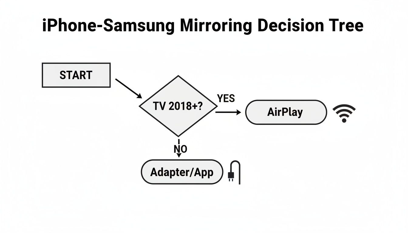 Decision tree for iPhone-Samsung mirroring, guiding users to AirPlay for 2018+ TVs or an adapter/app.