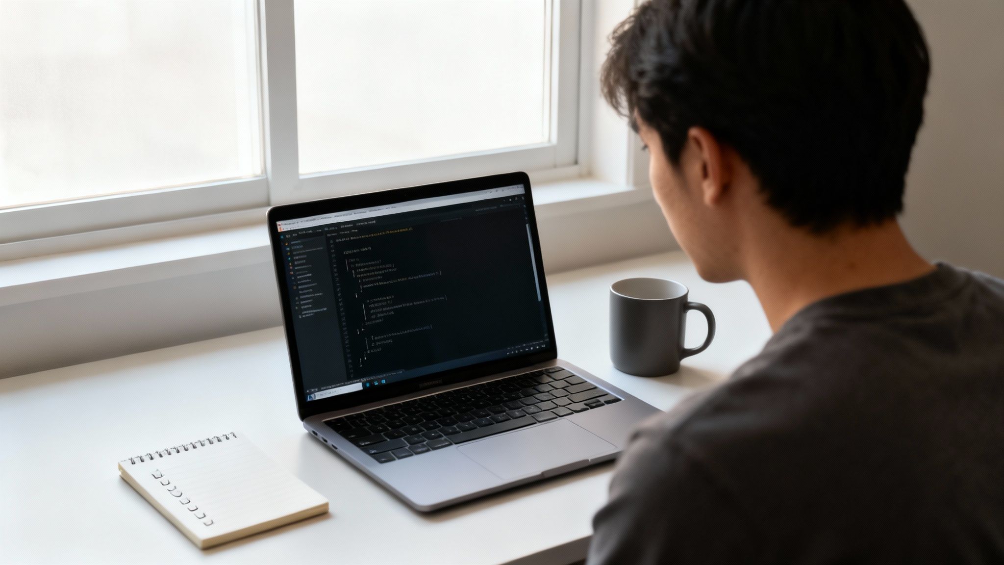 Over-the-shoulder view of a person programming on a laptop at a white desk.