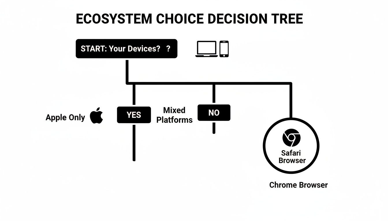 Decision tree diagram illustrating choices for device ecosystems, leading to Safari or Chrome browsers.