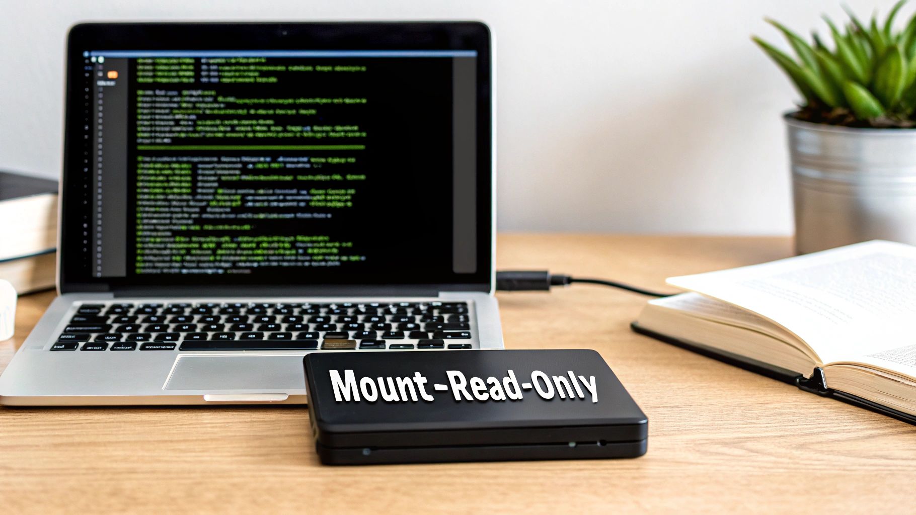 A laptop displaying code on its screen, with a 'Mount-Read-Only' external hard drive on a wooden desk.