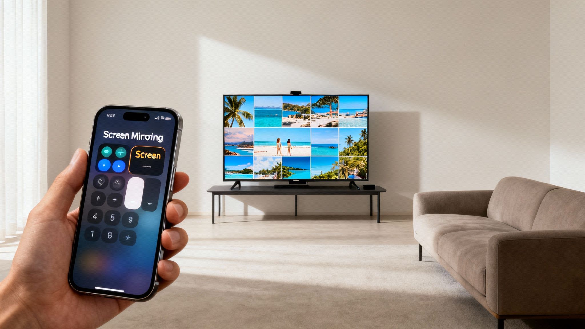 A hand holds an iPhone displaying a 'Screen Mirroring' interface, with a TV in the background showing vacation photos.