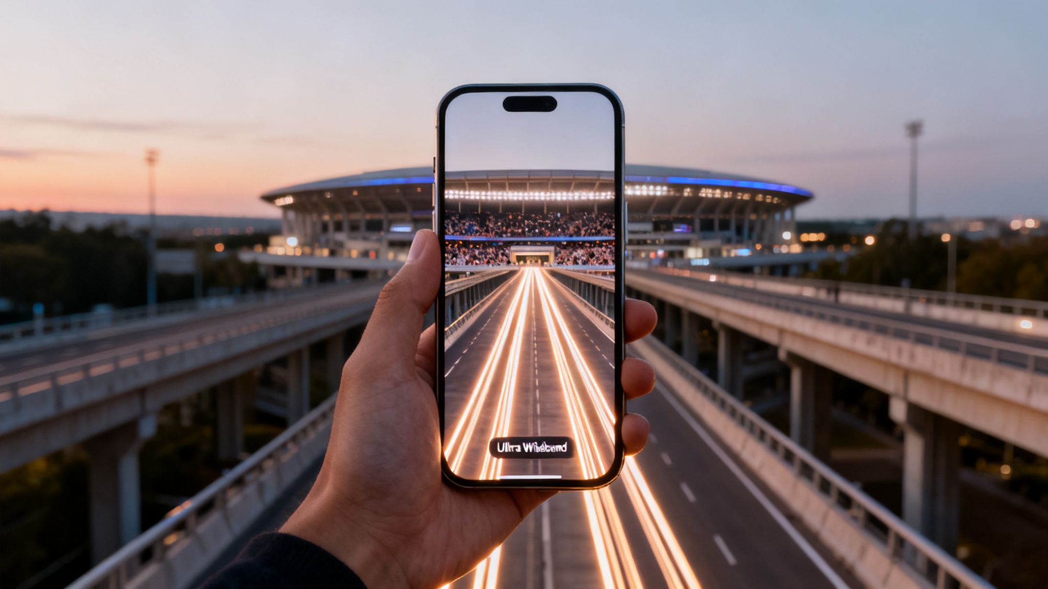 Hand holding a smartphone displaying a long exposure photo of a highway and a stadium at dusk.