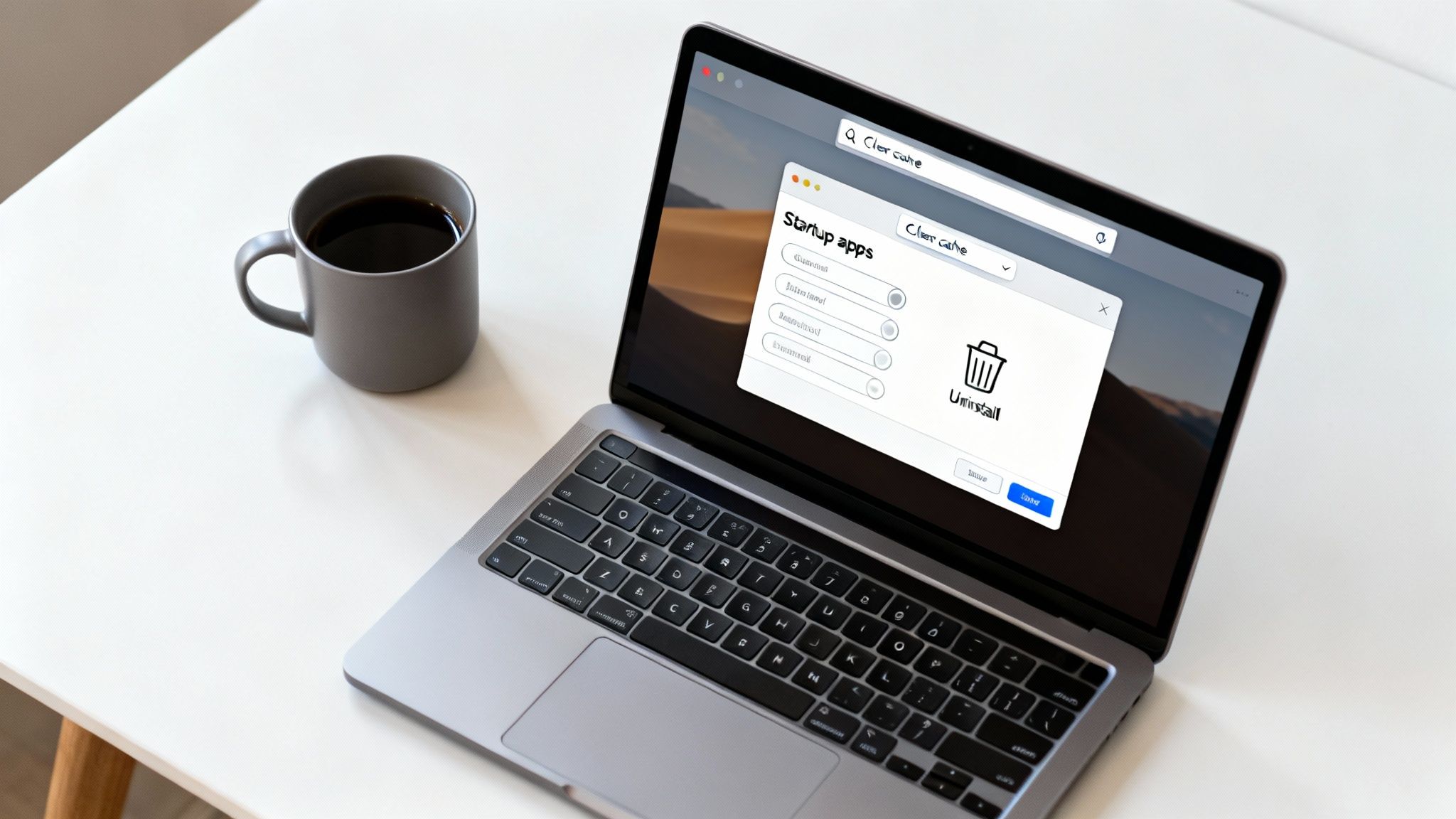 A laptop on a white desk displays a 'Startup apps' and 'Uninstall' screen, next to a coffee mug.
