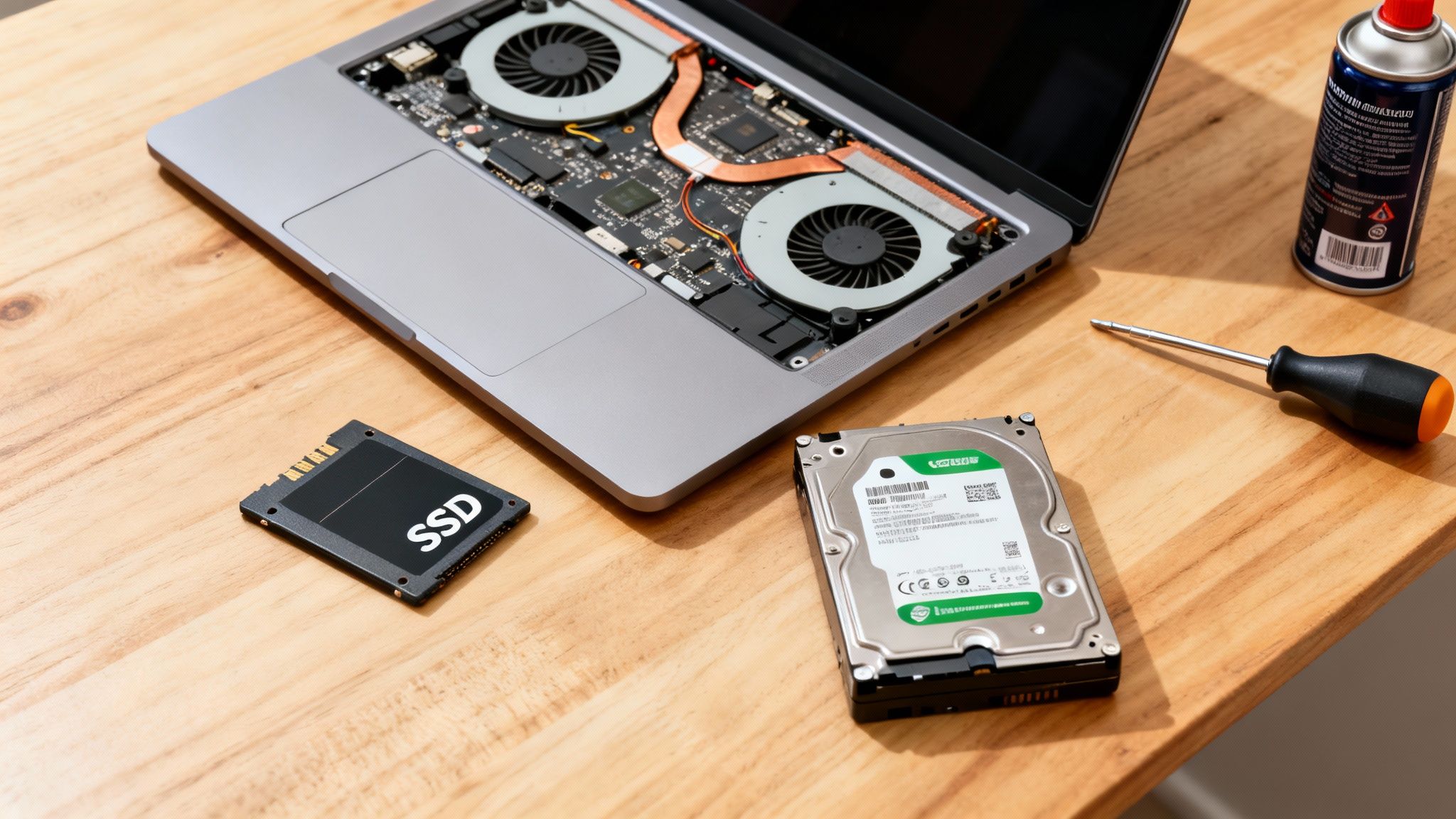 A disassembled laptop, SSD, HDD, screwdriver, and compressed air on a wooden table, indicating repair or upgrade.