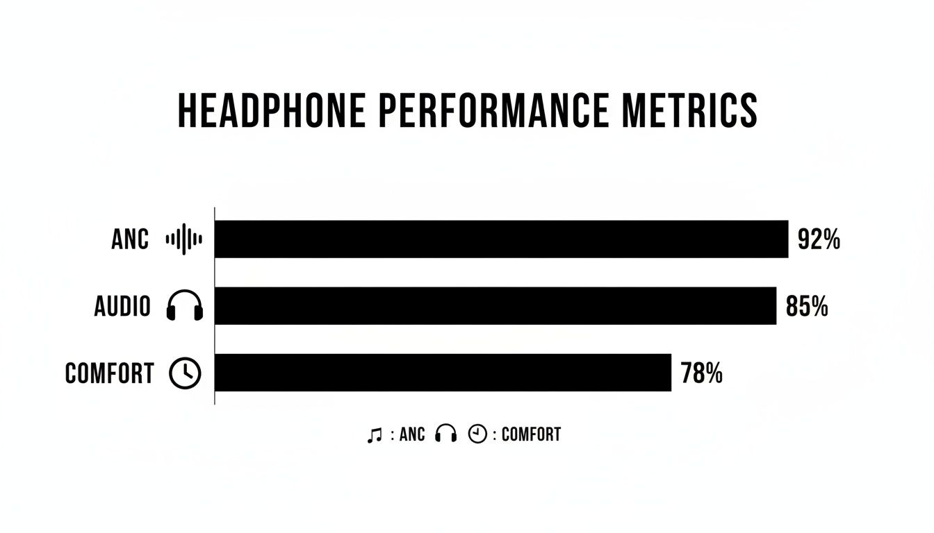 Bar chart illustrating headphone performance metrics: ANC 92%, Audio 85%, and Comfort 78%.