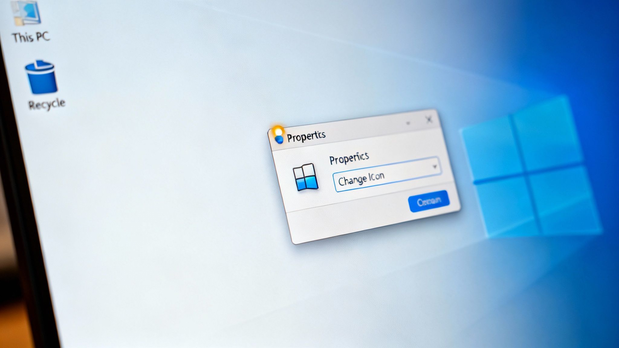 A close-up of a Windows desktop screen displaying a "Properties" dialog box with "Change Icon" option.