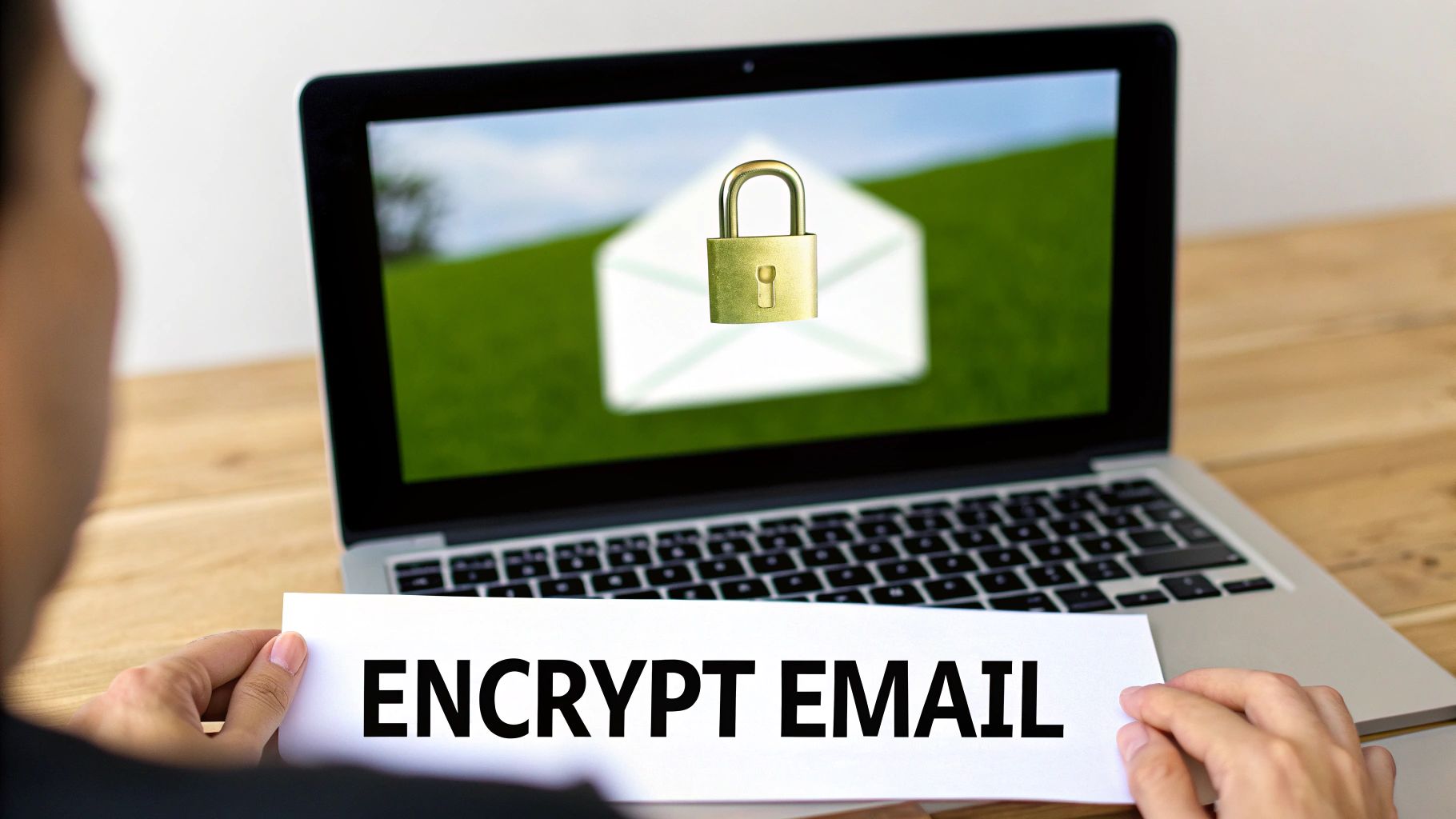 Person holds 'ENCRYPT EMAIL' paper in front of a laptop displaying a secure email and padlock icon.