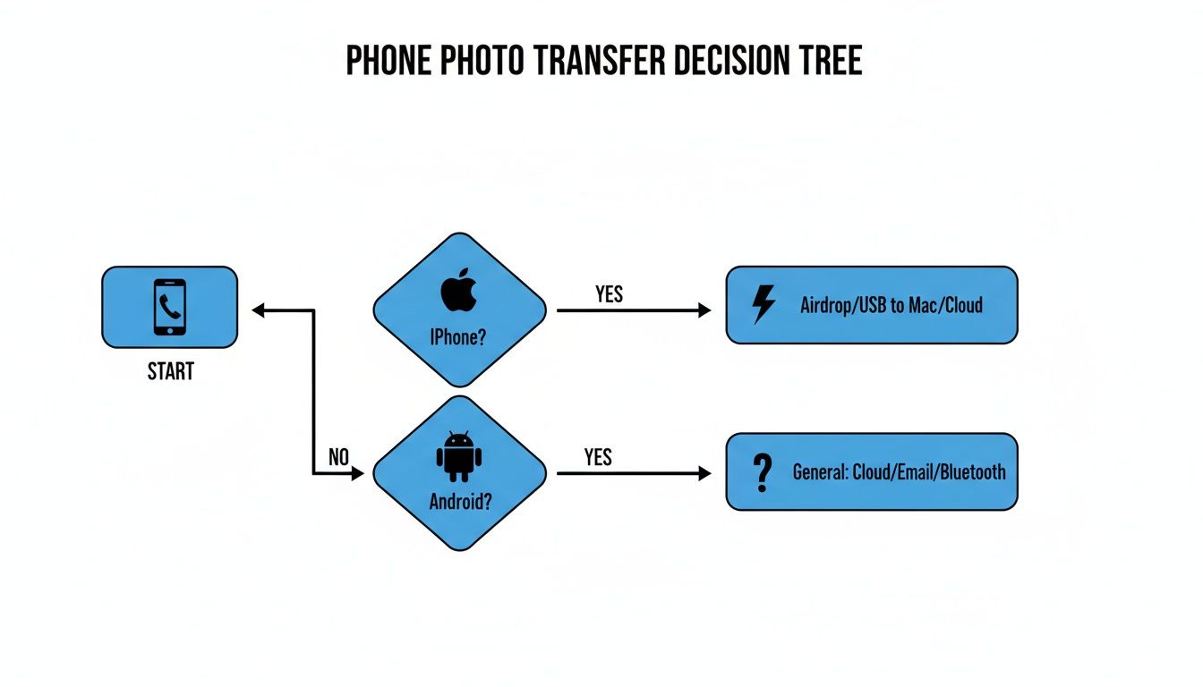 A decision tree flowchart illustrating methods to transfer photos from iPhone or Android phones.