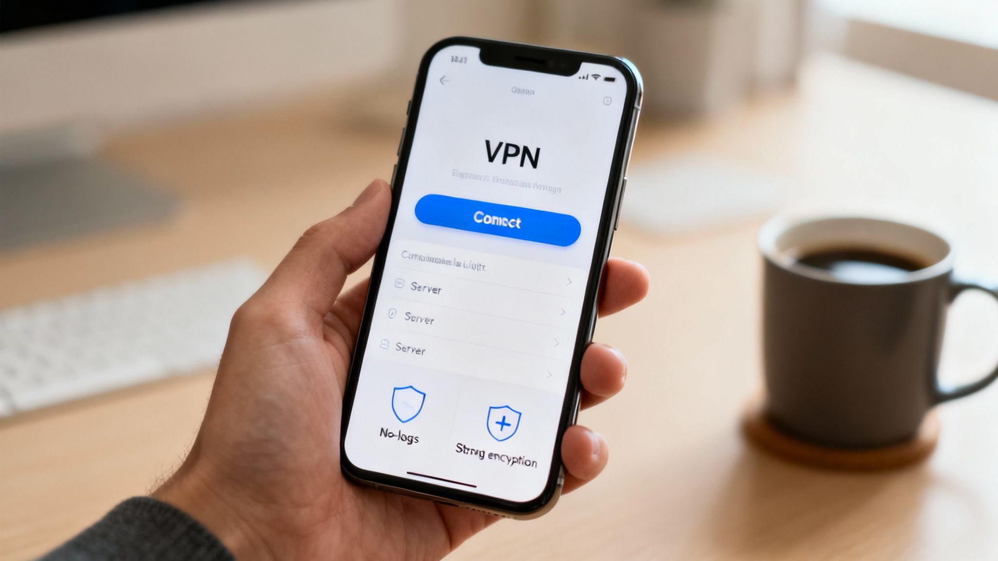 A hand holds a smartphone displaying a VPN app with a connect button and security features.