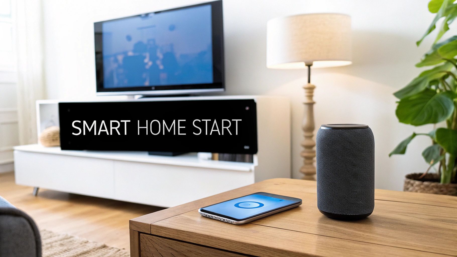 A smart speaker, smartphone, and television displaying 'SMART HOME START' in a modern living room setting.