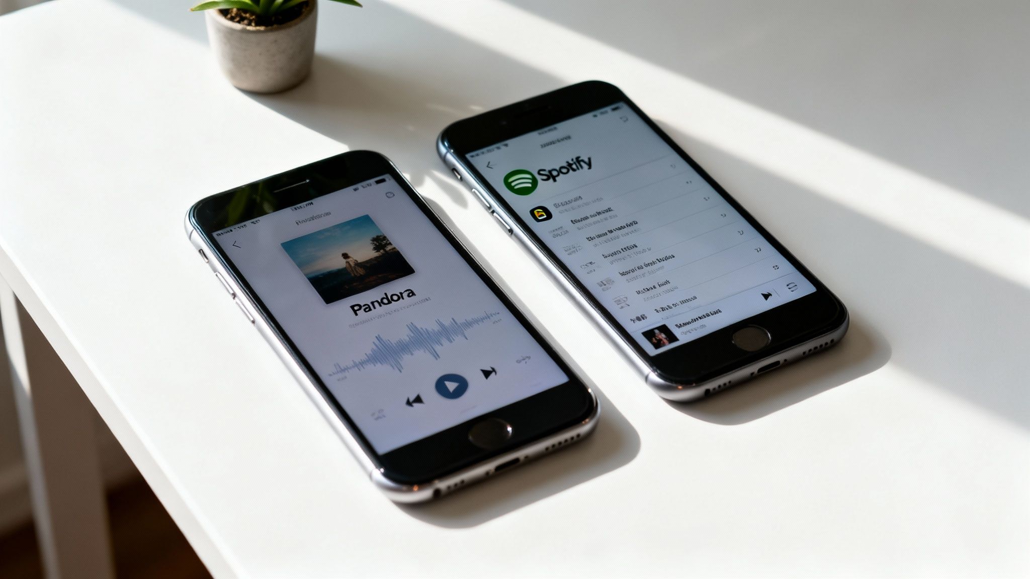 Two iPhones displaying the Pandora and Spotify music apps on a bright white table.