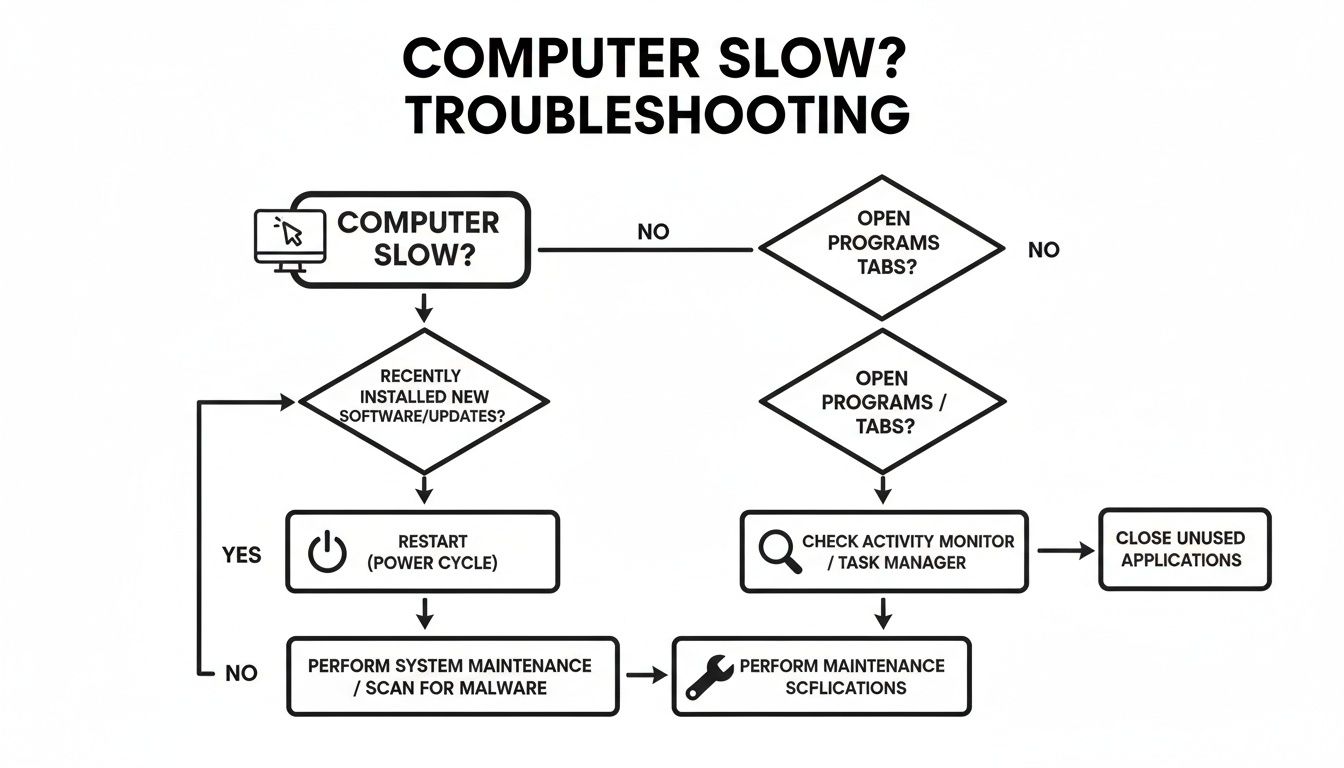 Flowchart illustrating troubleshooting steps for a slow computer, including restarts, software checks, and maintenance.