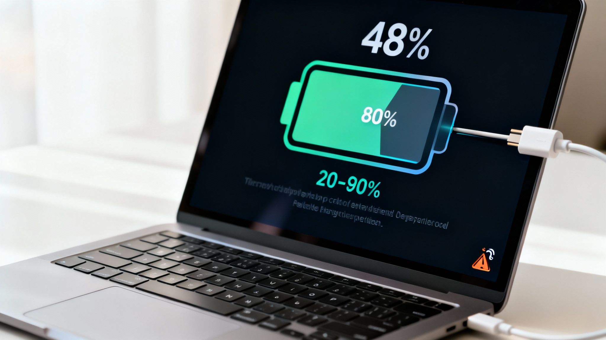 A laptop screen displaying battery charge percentage, optimal charging range, and a connected charger.