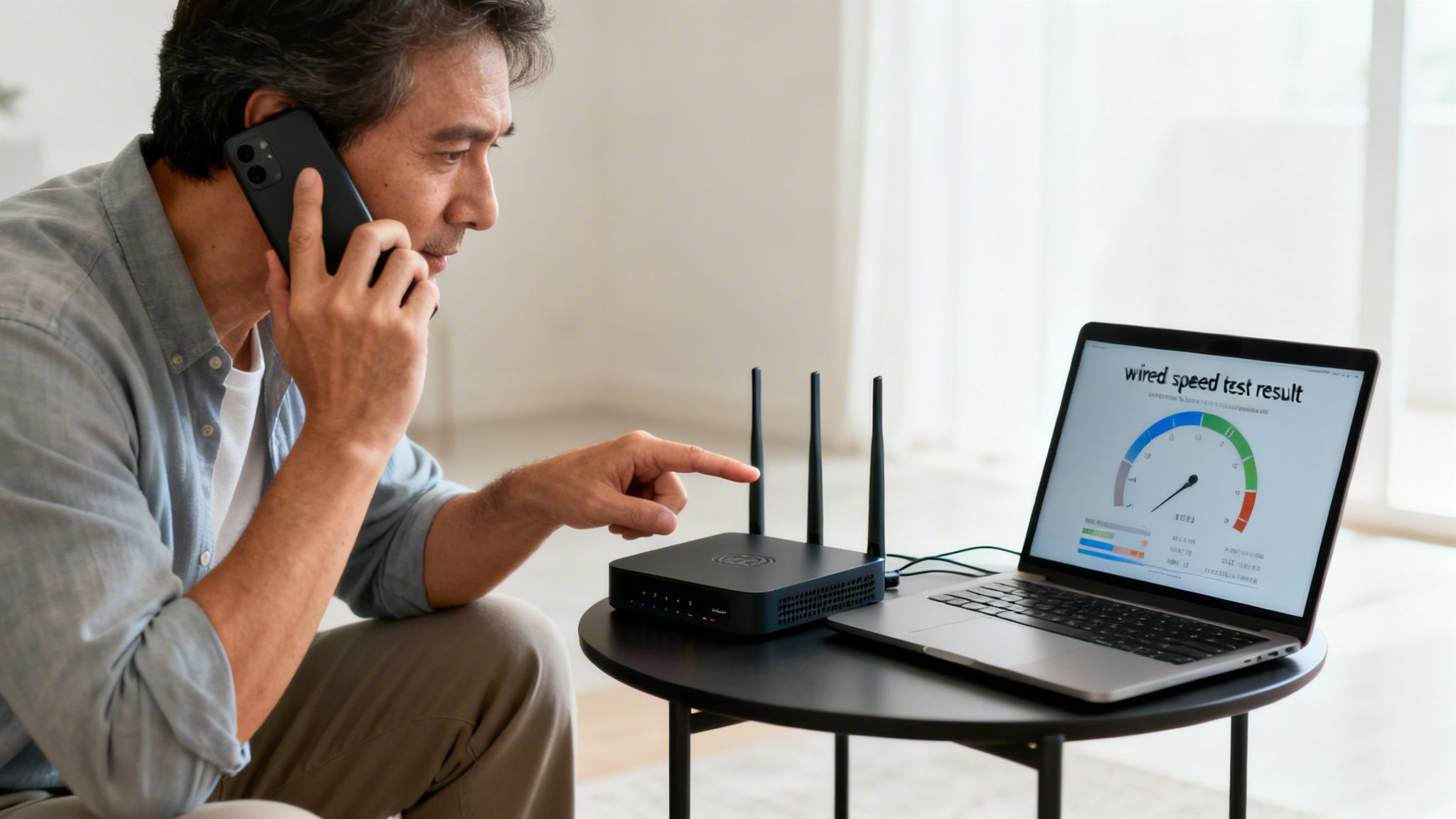 An Asian man on the phone points at a black router while a laptop displays a slow internet speed test result.
