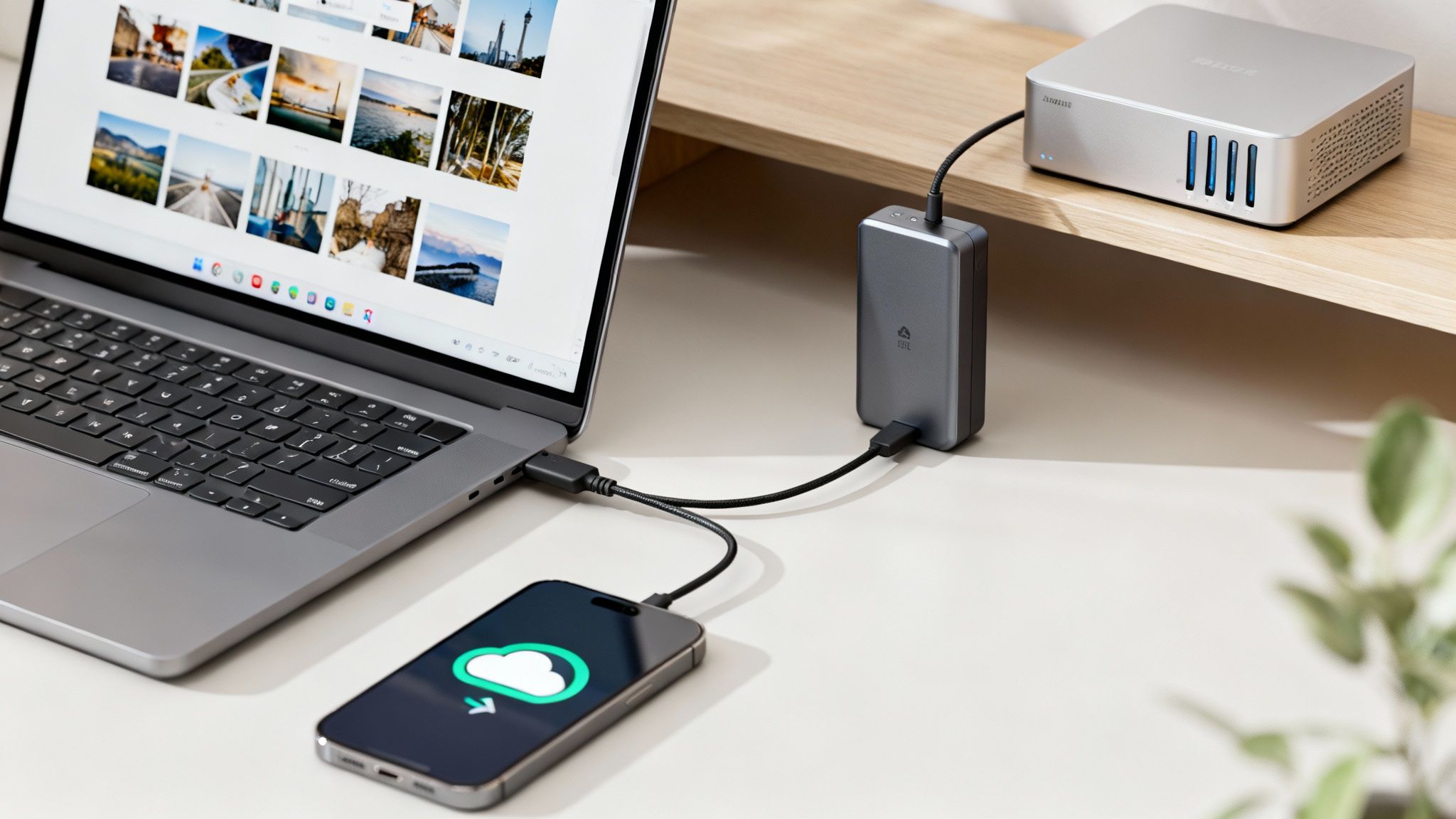 A computer screen displays a clear folder hierarchy for organizing digital photos, starting with a main 'Photos' folder, then a '2023' subfolder, a '07_July' subfolder, and finally an event folder titled '2023-07-04_Family-BBQ'.