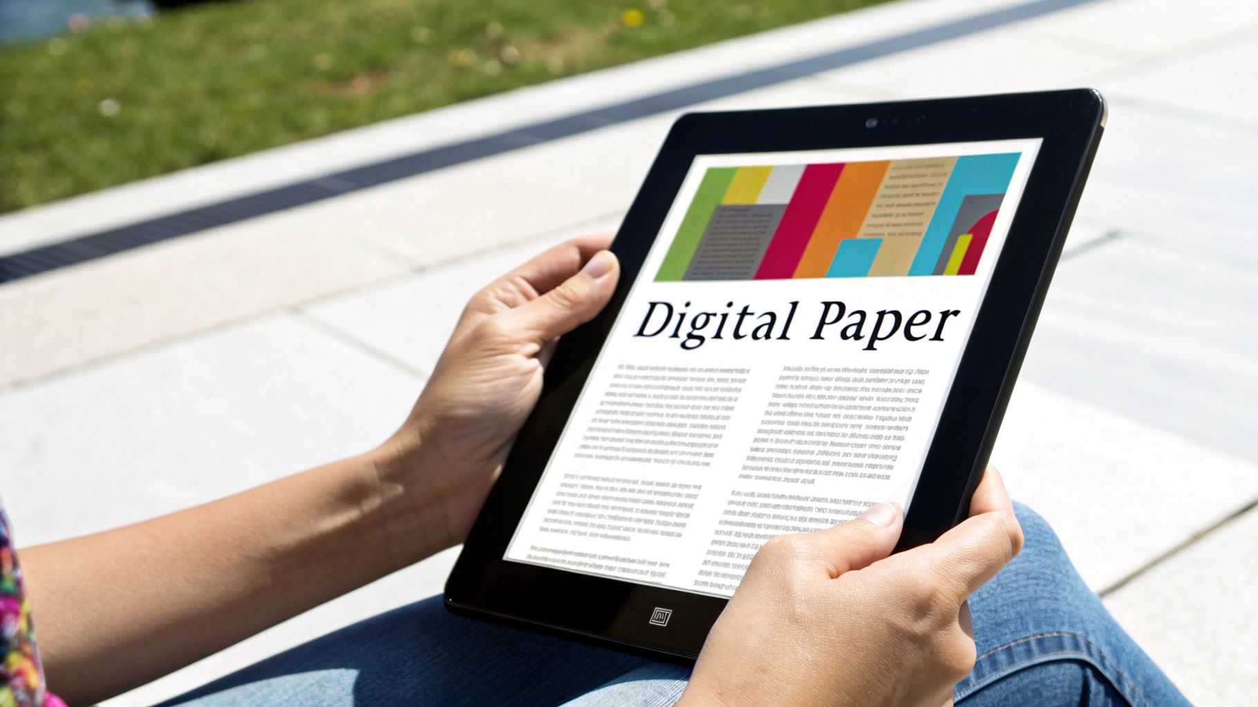 Close-up of hands holding a black tablet showing 'Digital Paper' on its screen outdoors.