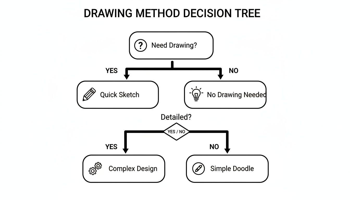 Decision tree flowchart outlining methods for drawing, guiding from need to detailed or simple designs.